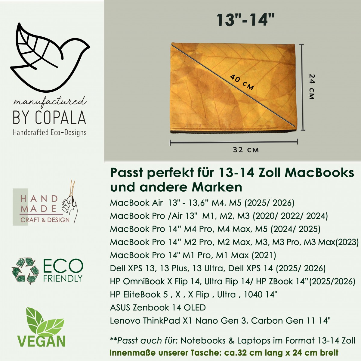 Gefütterte nachhaltige Laptop Hülle 13–14" aus Blattleder – Vegane, handgenähte & wasserabweisende Laptoptasche für MacBook Air / Pro in gelb