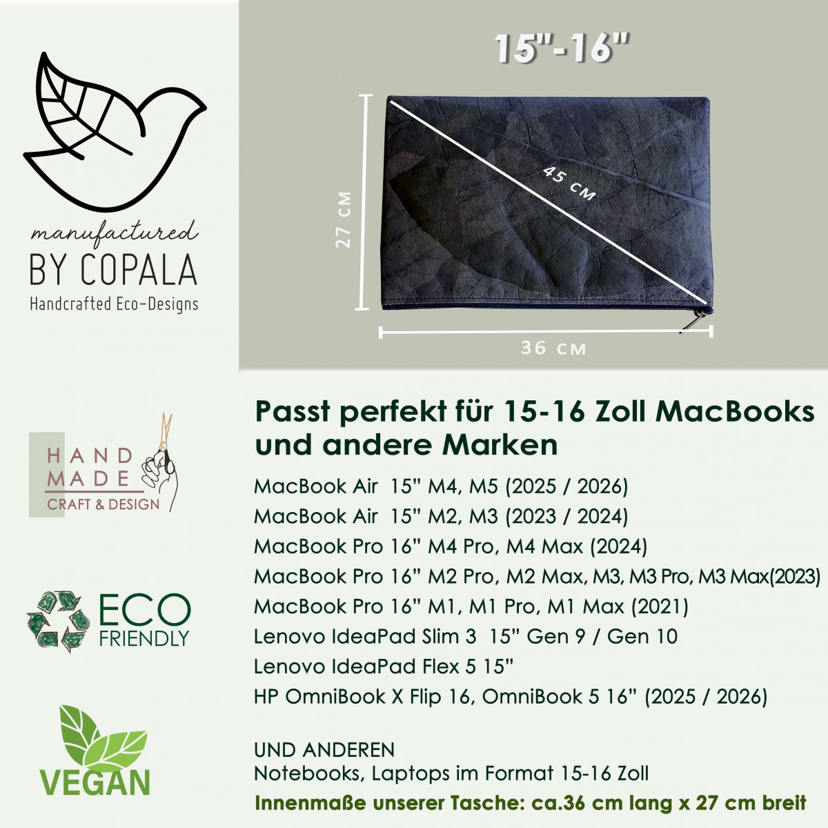 Gefütterte nachhaltige Laptop Hülle 15–16" aus Blattleder – Vegane, handgenähte & wasserabweisende Laptoptasche für MacBook in grau / braun