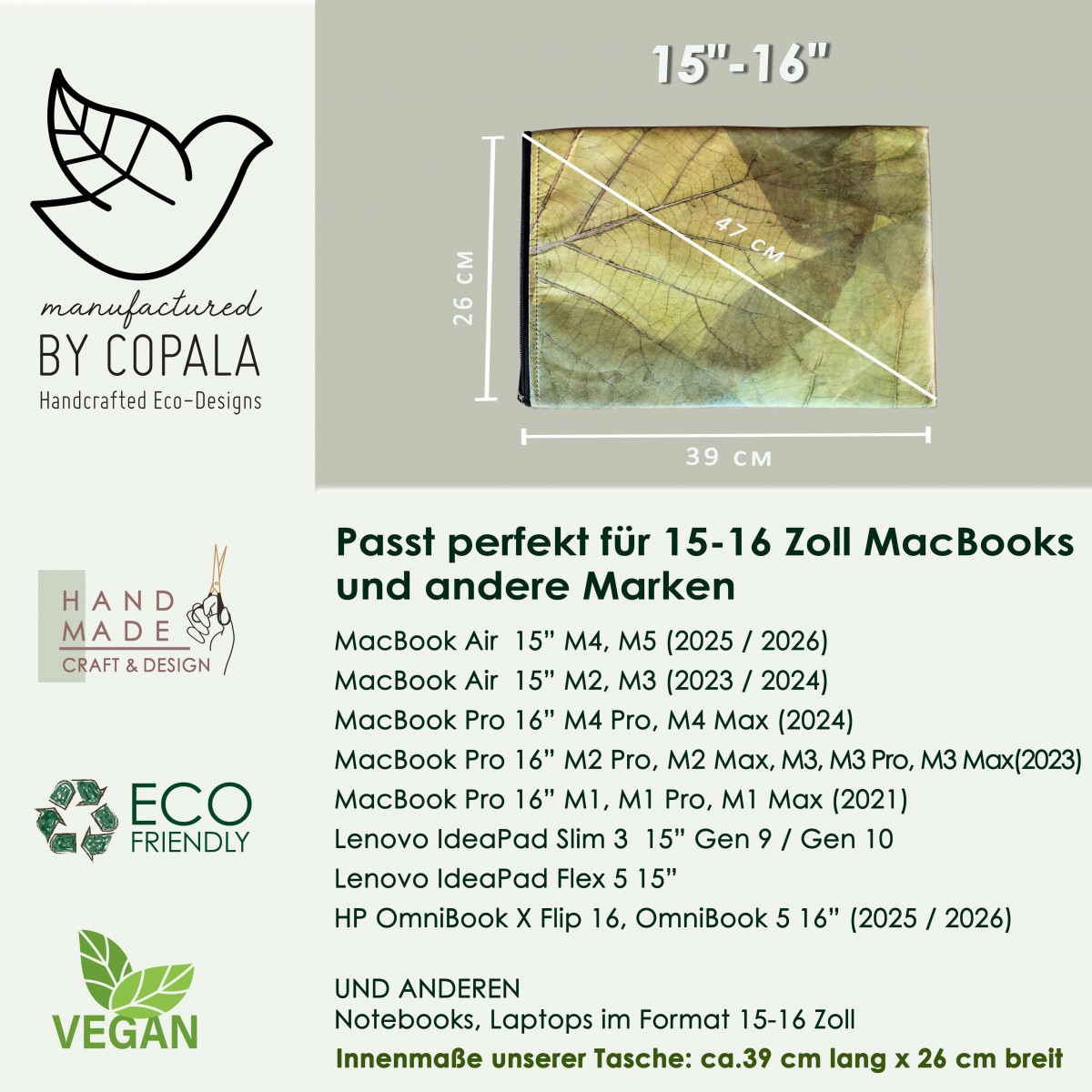 Nachhaltige vegane 15–16 Zoll Laptoptasche aus Blättern, MacBook Hülle – Vegan Leder mit Zipper in grün