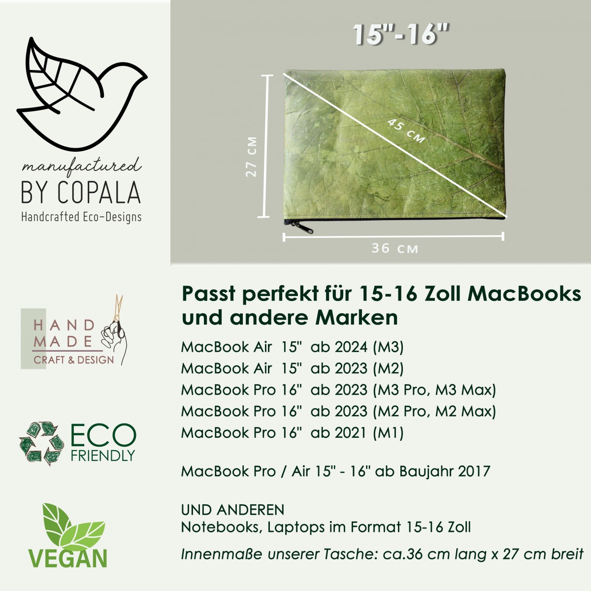 Laptop Hülle aus Blättern, wasserabweisende Notebook Tasche, MacBook Case in grün, 15 Zoll BY COPALA
