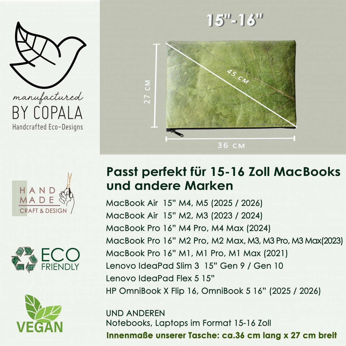 Laptop Hülle aus Blättern, wasserabweisende Notebook Tasche, MacBook Case in grün, 15 Zoll BY COPALA