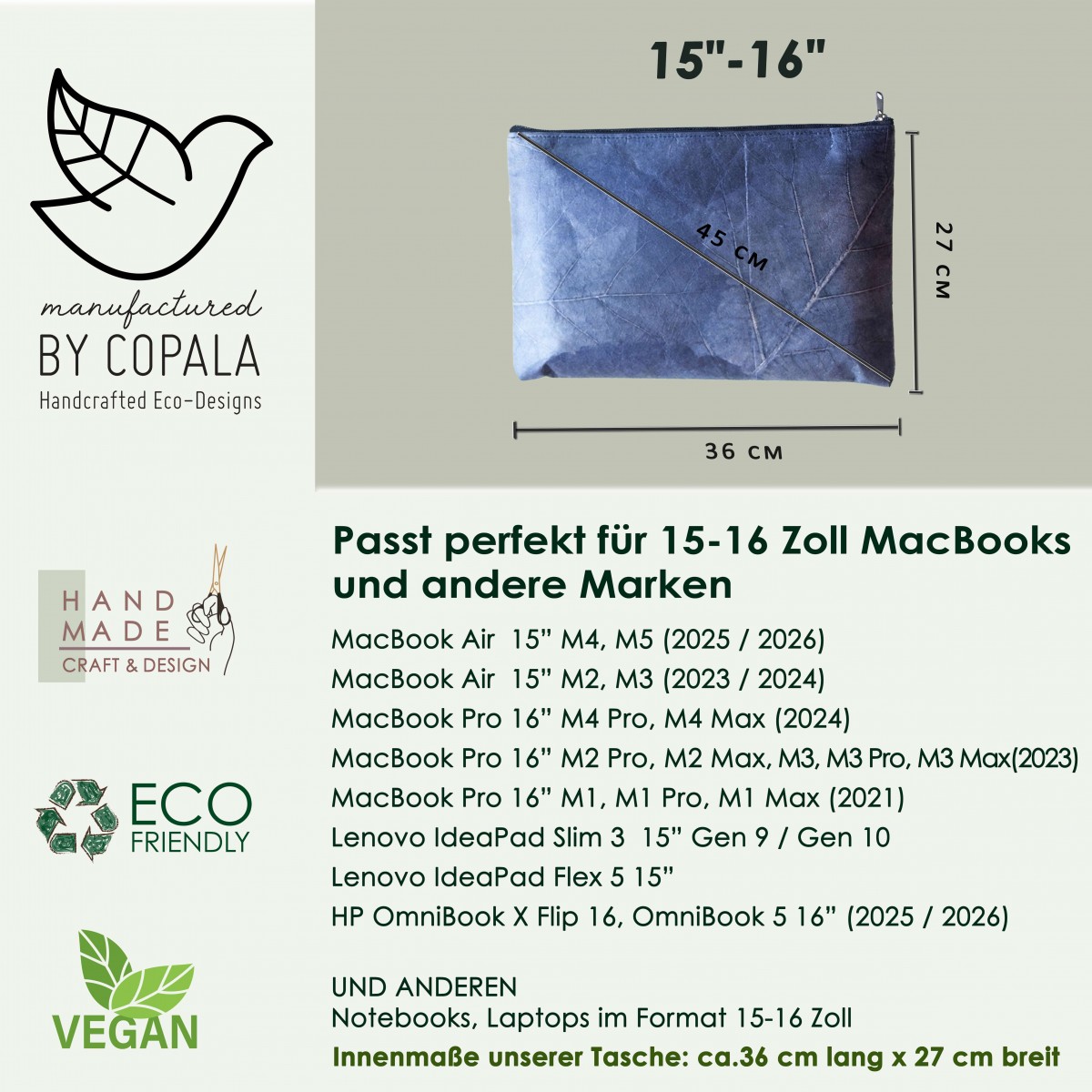 Laptop Hülle 15-16 Zoll aus echten Blättern, Vegane Laptoptasche Blattleder, Nachhaltiges Geschenk für MacBook, Handgemachtes Unikat - blau