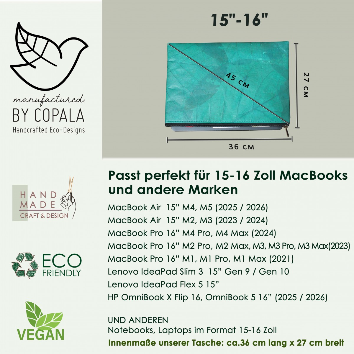 Gefütterte nachhaltige Laptop Hülle 15–16" aus Blattleder – Vegane, handgenähte & wasserabweisende Laptoptasche für MacBook Air/ Pro -türkis