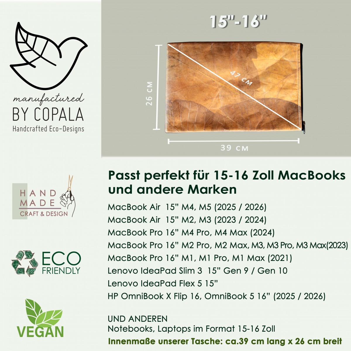 Nachhaltige vegane 15–16 Zoll Laptoptasche aus Blättern, MacBook Hülle – Vegan Leder mit Zipper in gelb
