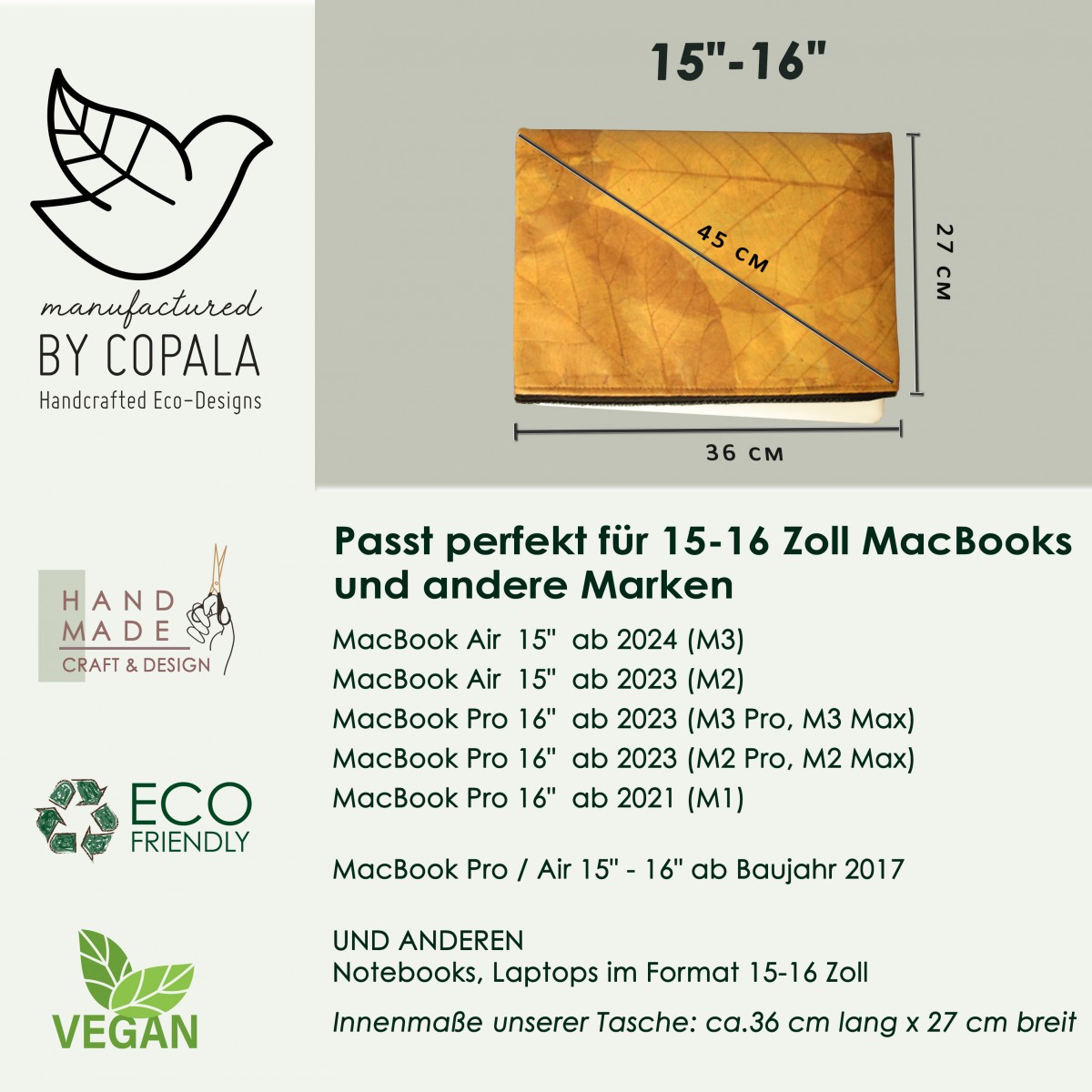 Laptop-Hülle 15" - 16" Zoll aus recycelten Blättern in gelb BY COPALA