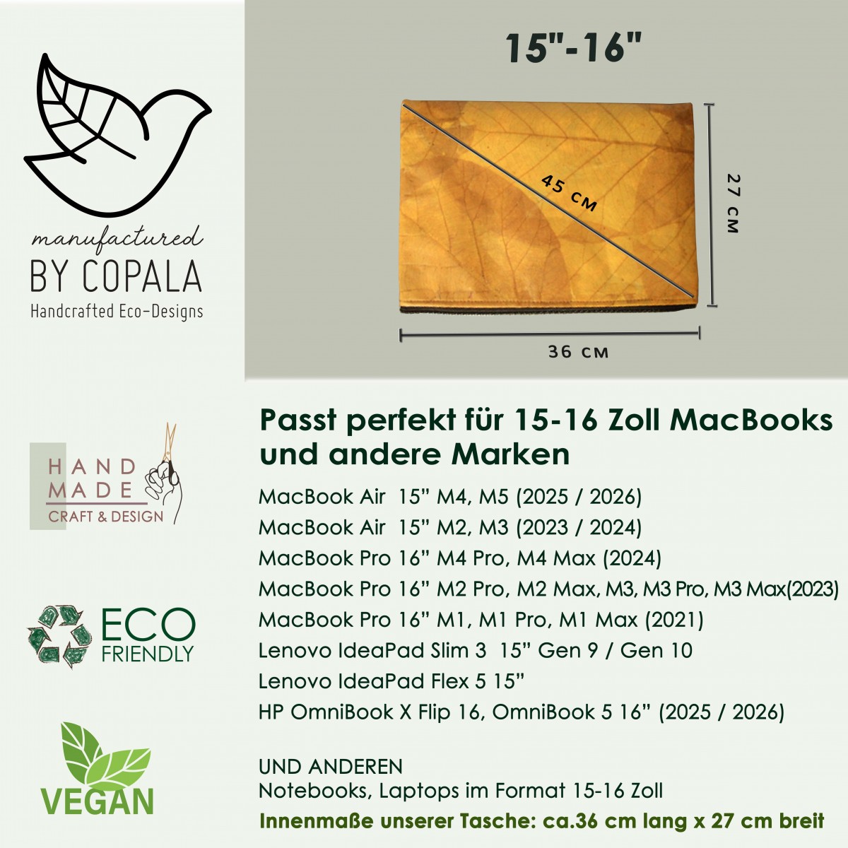 Gefütterte nachhaltige Laptop Hülle 15–16" aus Blattleder – Vegane, handgenähte & wasserabweisende Laptoptasche für MacBook Air /Pro in gelb