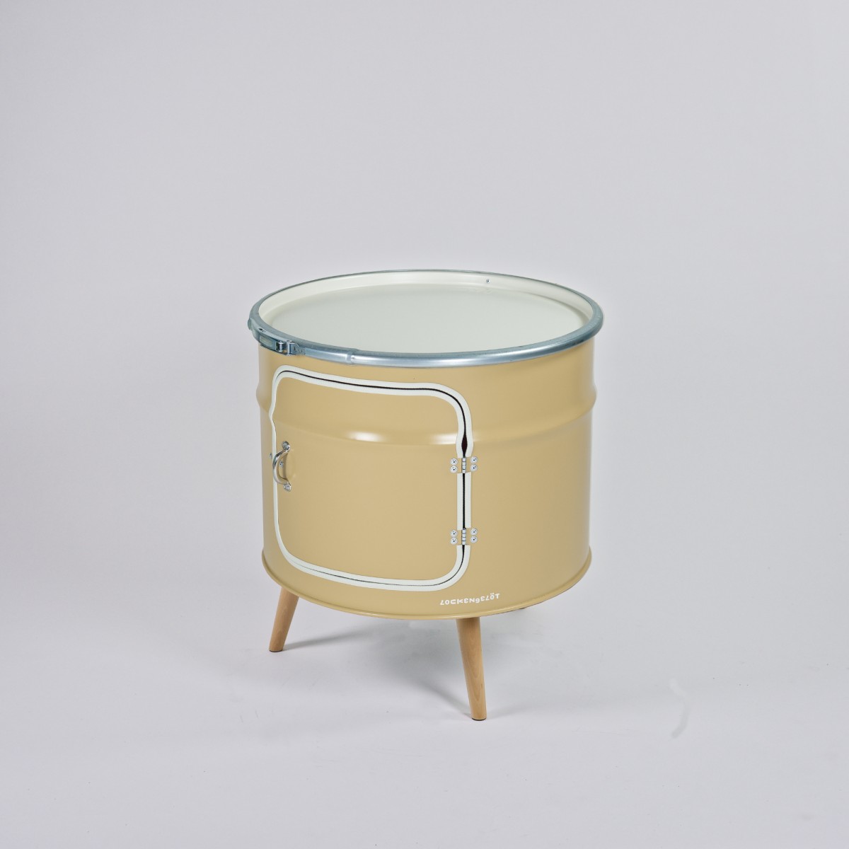 Lockengelöt - Bar-Kommode aus einem halben Ölfass