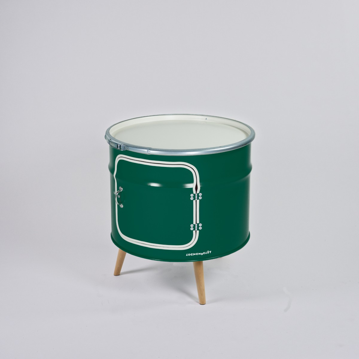 Lockengelöt - Bar-Kommode aus einem halben Ölfass