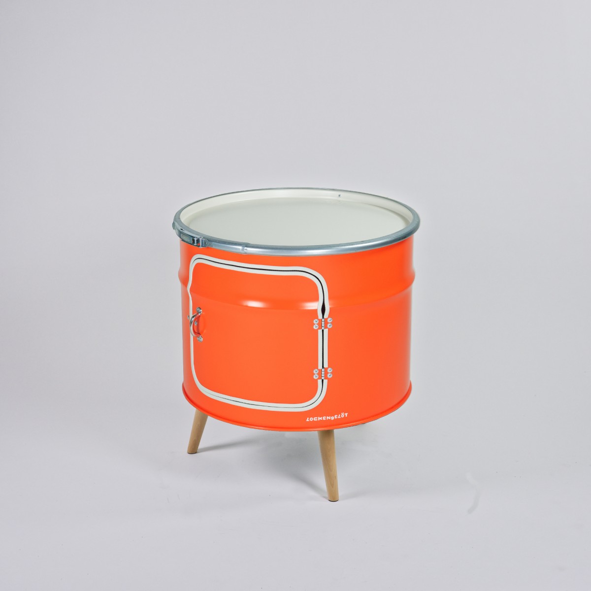 Lockengelöt - Bar-Kommode aus einem halben Ölfass