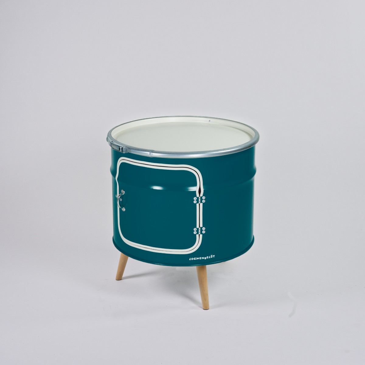 Lockengelöt - Bar-Kommode aus einem halben Ölfass