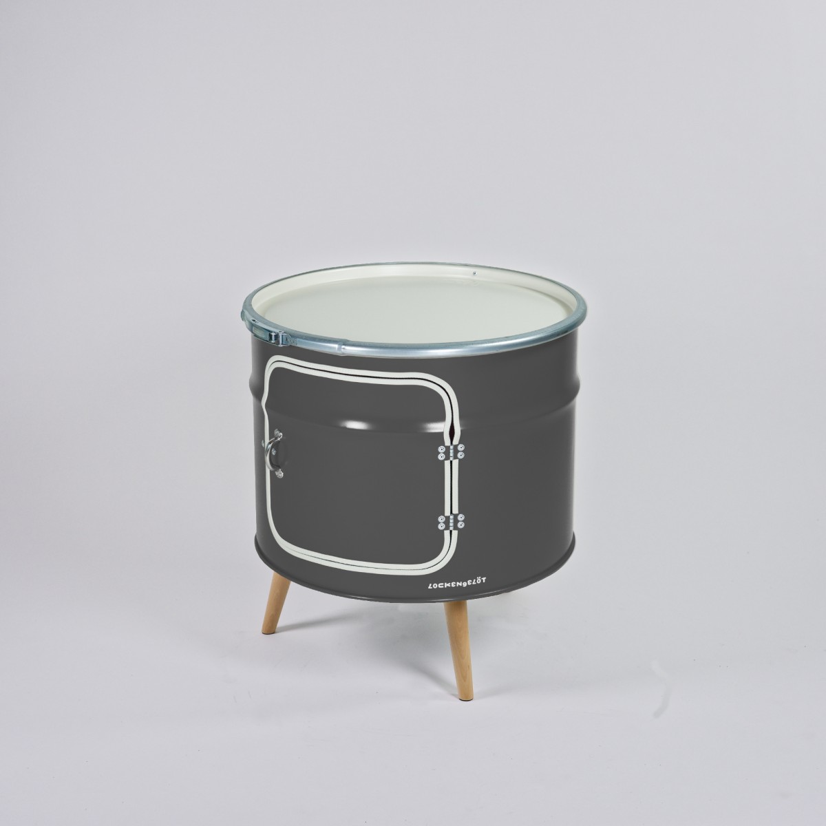 Lockengelöt - Bar-Kommode aus einem halben Ölfass