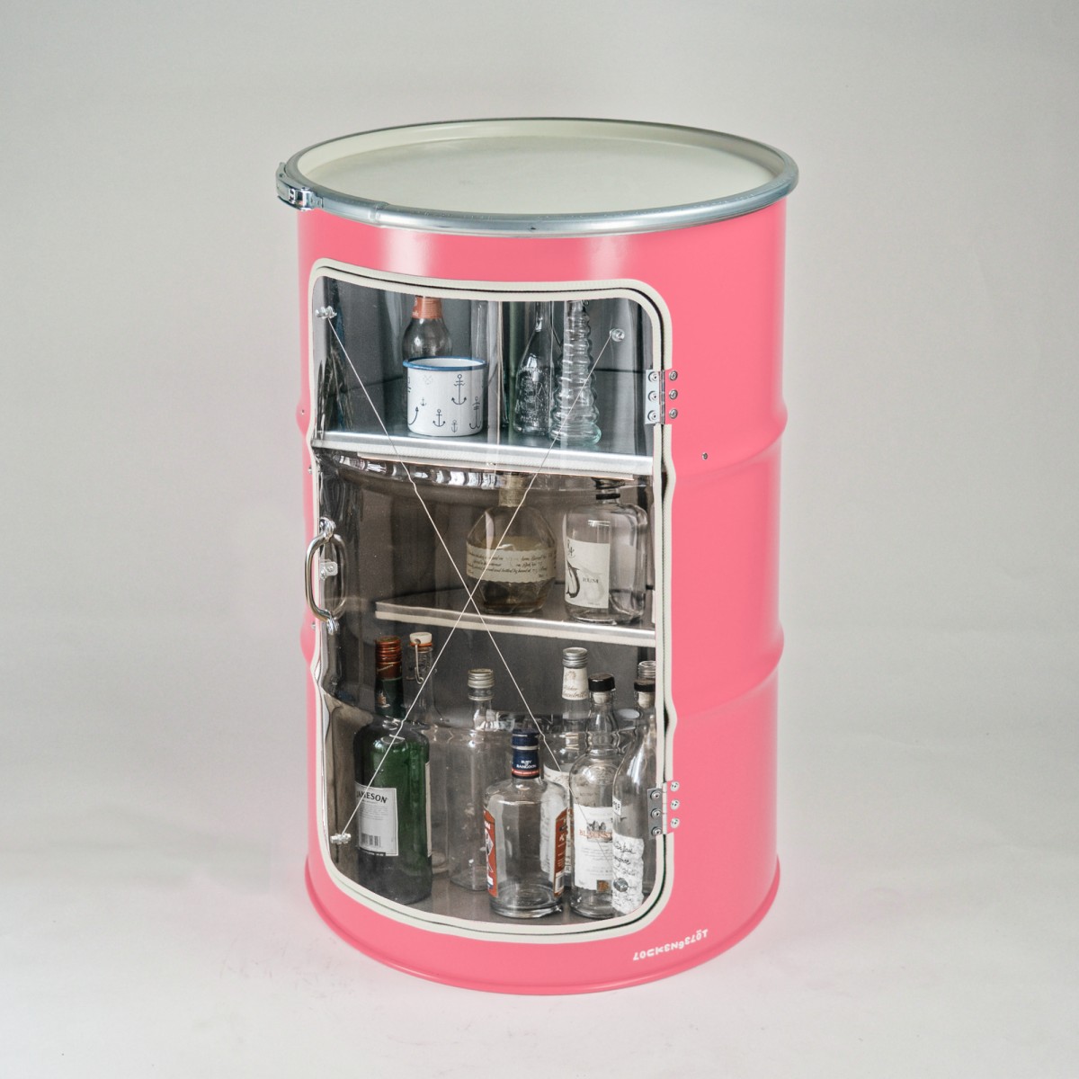 Lockengelöt - Grosse Hausbar-Vitrine aus Hamburger Ölfass