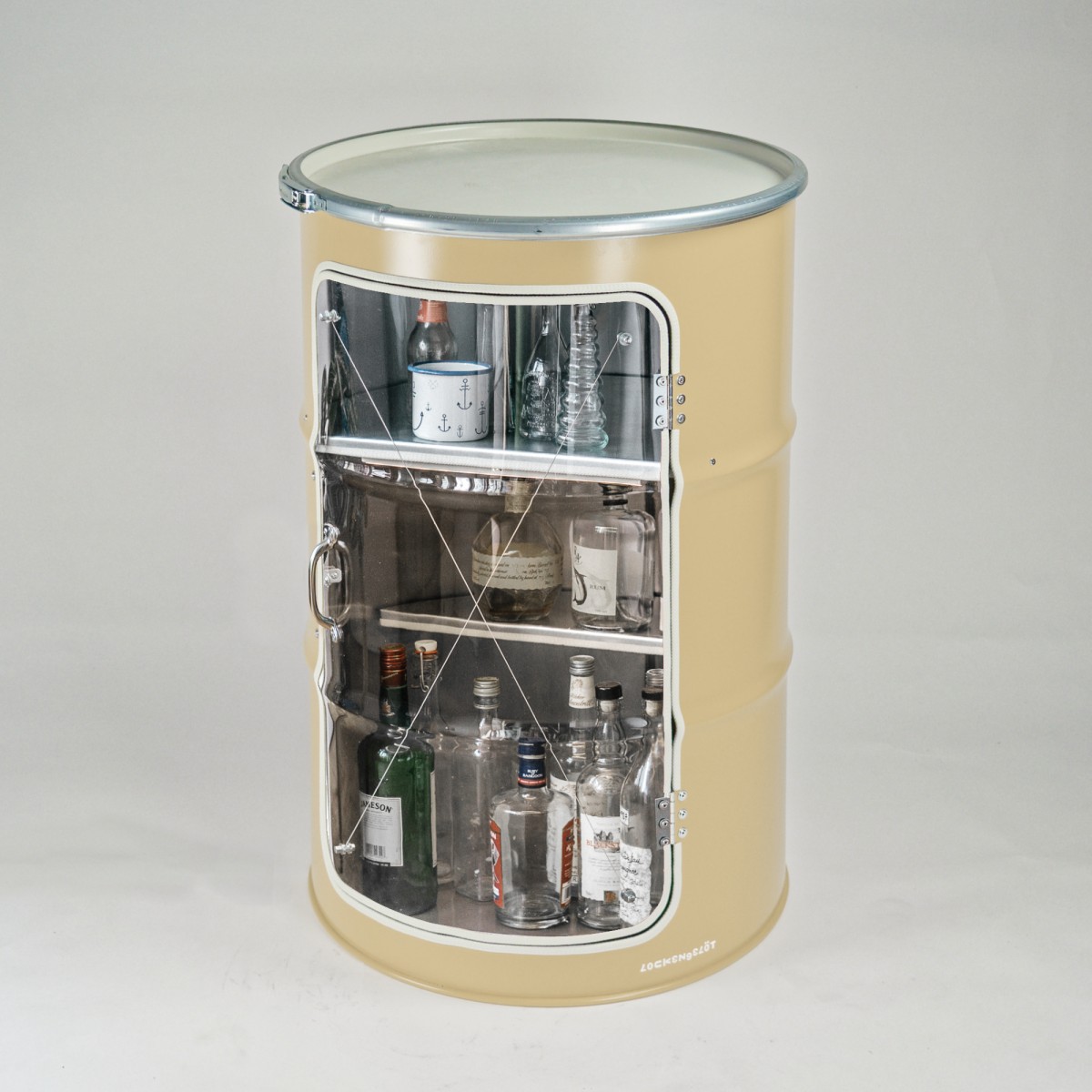 Lockengelöt - Grosse Hausbar-Vitrine aus Hamburger Ölfass