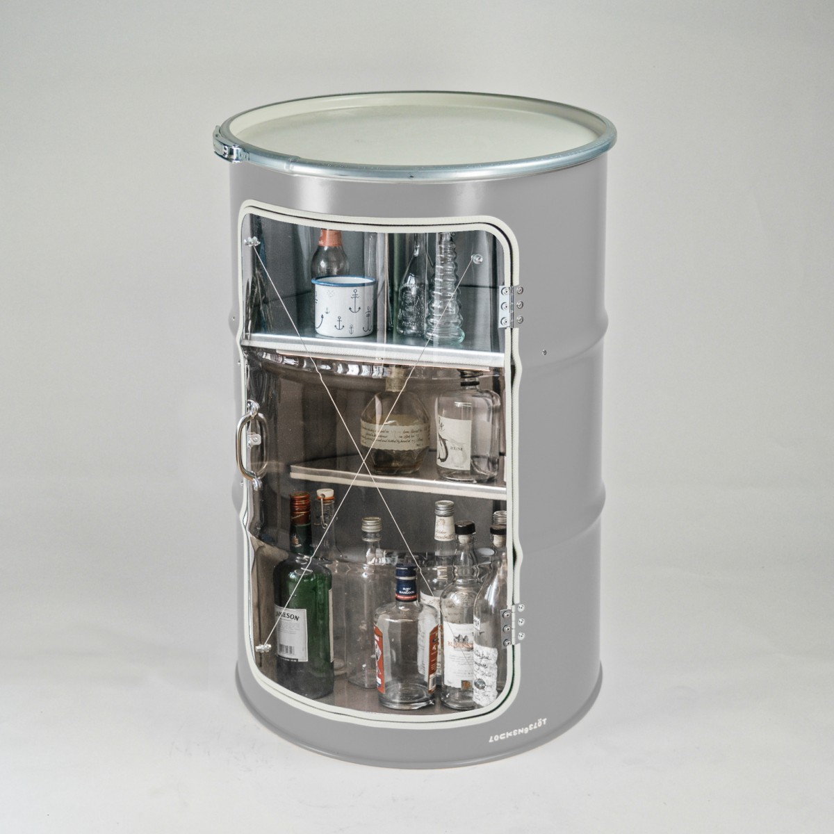 Lockengelöt - Grosse Hausbar-Vitrine aus Hamburger Ölfass