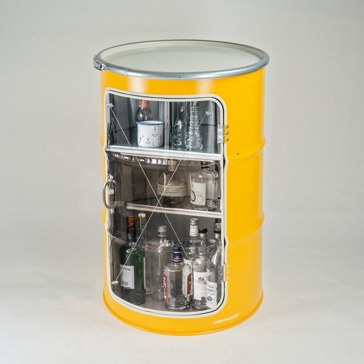 Lockengelöt - Grosse Hausbar-Vitrine aus Hamburger Ölfass