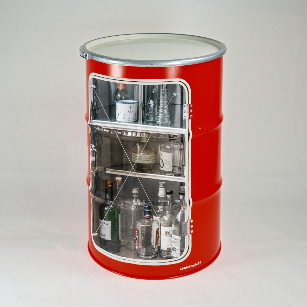 Lockengelöt - Grosse Hausbar-Vitrine aus Hamburger Ölfass