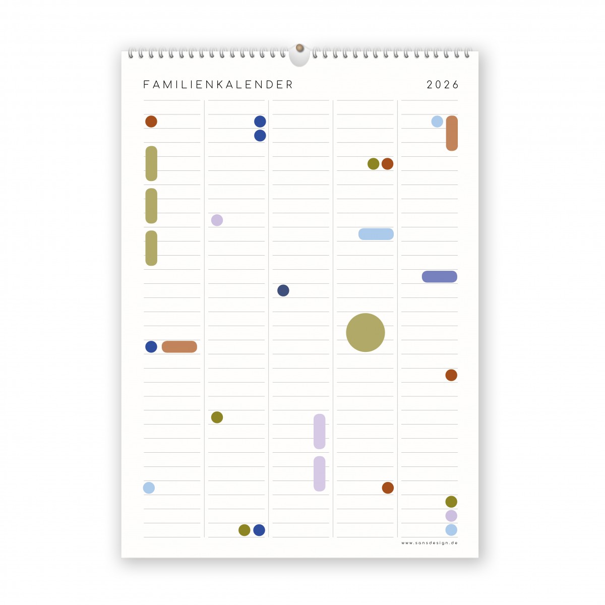 Familienkalender 2026, DIN A3 mit 5 Spalten, Kalender mit Aufklebern - SANS.