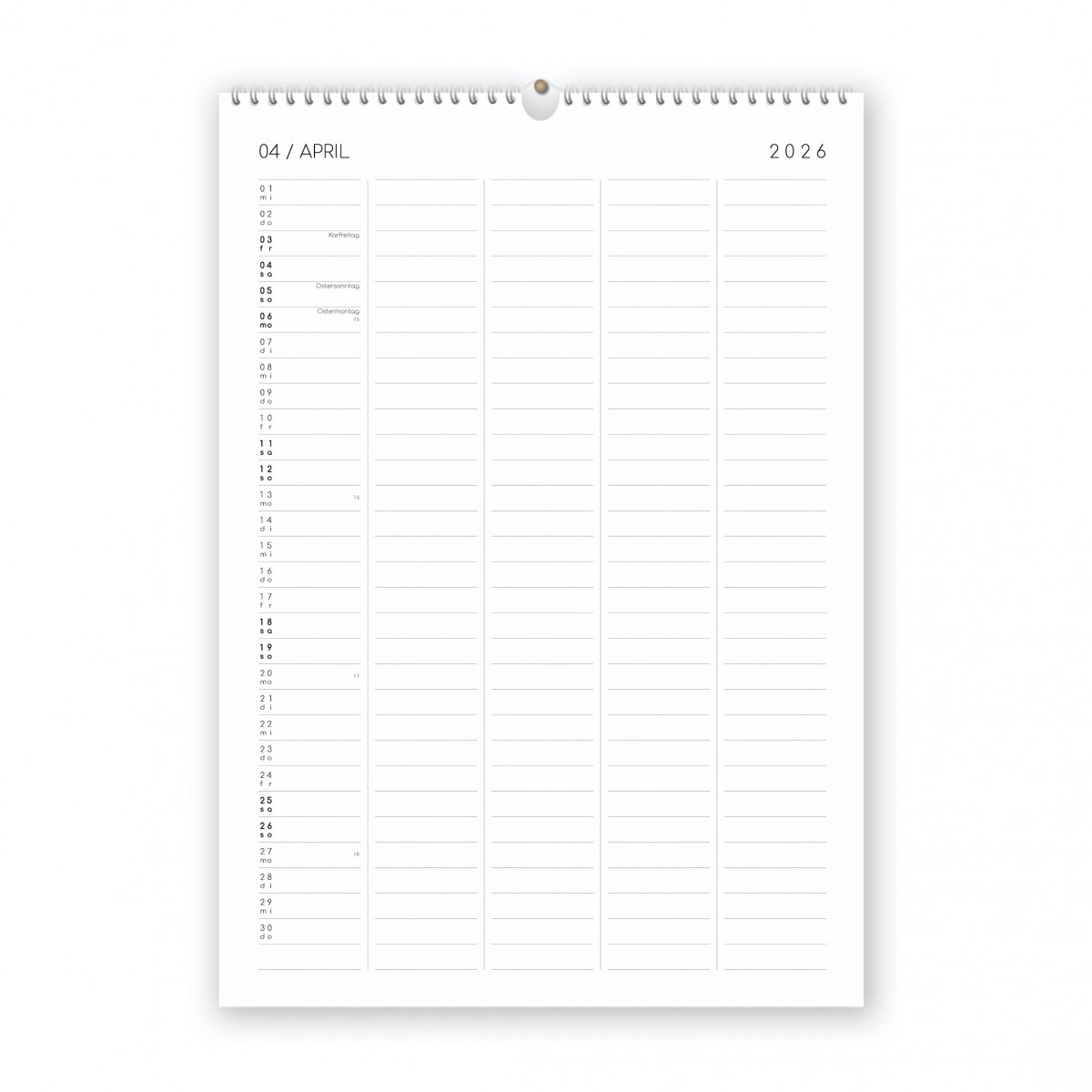 Familienkalender 2026, DIN A3 mit 5 Spalten, Kalender mit Aufklebern - SANS.