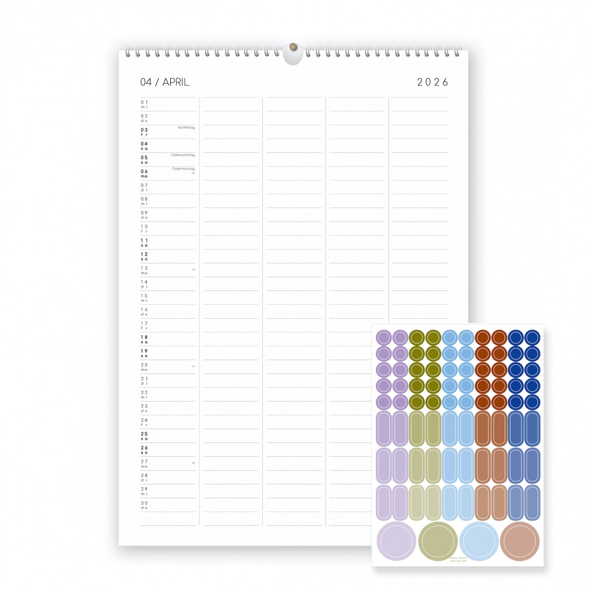 Familienkalender 2026, DIN A3 mit 5 Spalten, Kalender mit Aufklebern - SANS.