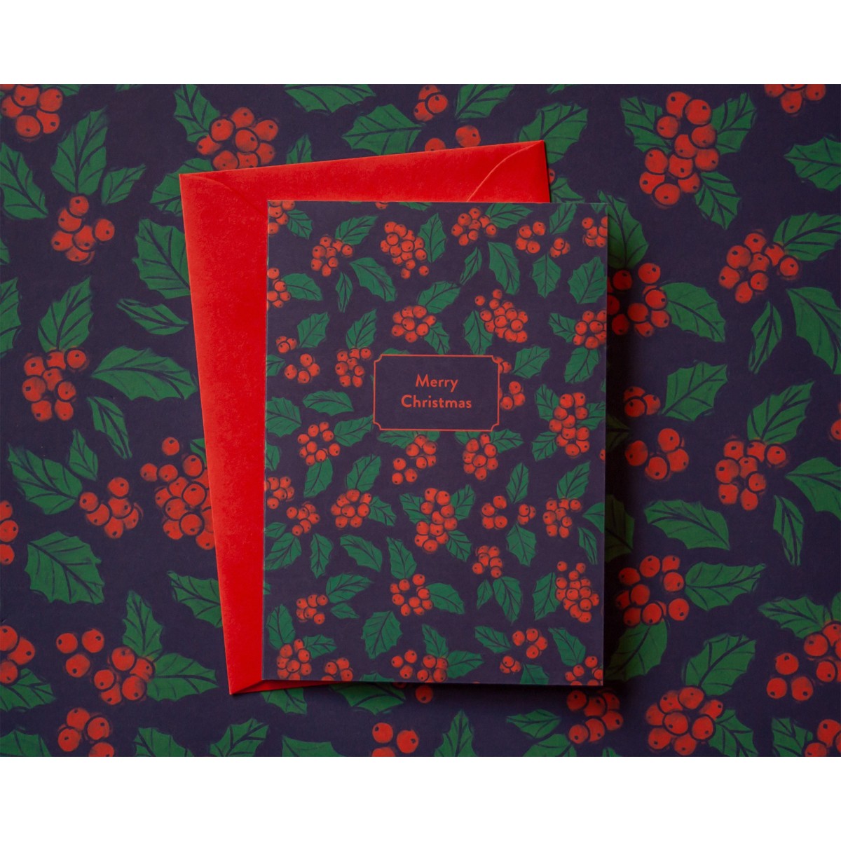 Weihnachtskarte »Merry Christmas« mit Stechpalmen-Muster // Papaya paper products
