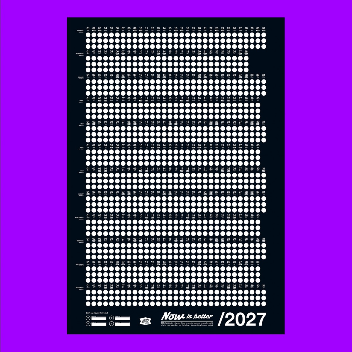 Bob And Uncle Design – Wandkalender – Now Is Better 2027 – Schwarz – 680 x 1000 mm