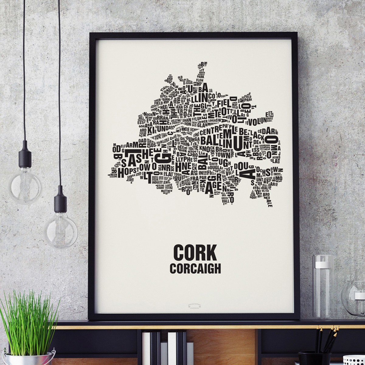 Buchstabenort Cork City (Irland) Stadtteile-Poster Typografie Siebdruck