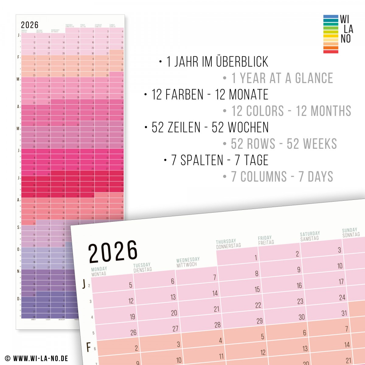 Wandkalender 2026 „Pink-Rosé-Violett“ Jahresplaner | Limited Edition | 100% Recyclingpapier | Deutsch-Englisch | Rückseite „Pastell-Türkis“
