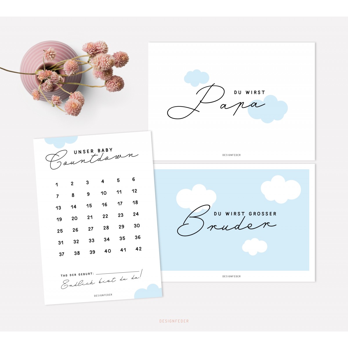 designfeder | Postkarten Baby Countdown + Papa + Bruder