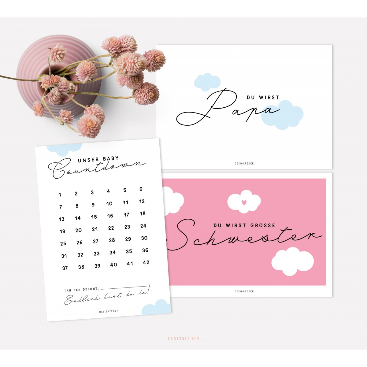 designfeder | Postkarten Baby Countdown + Papa + Schwester
