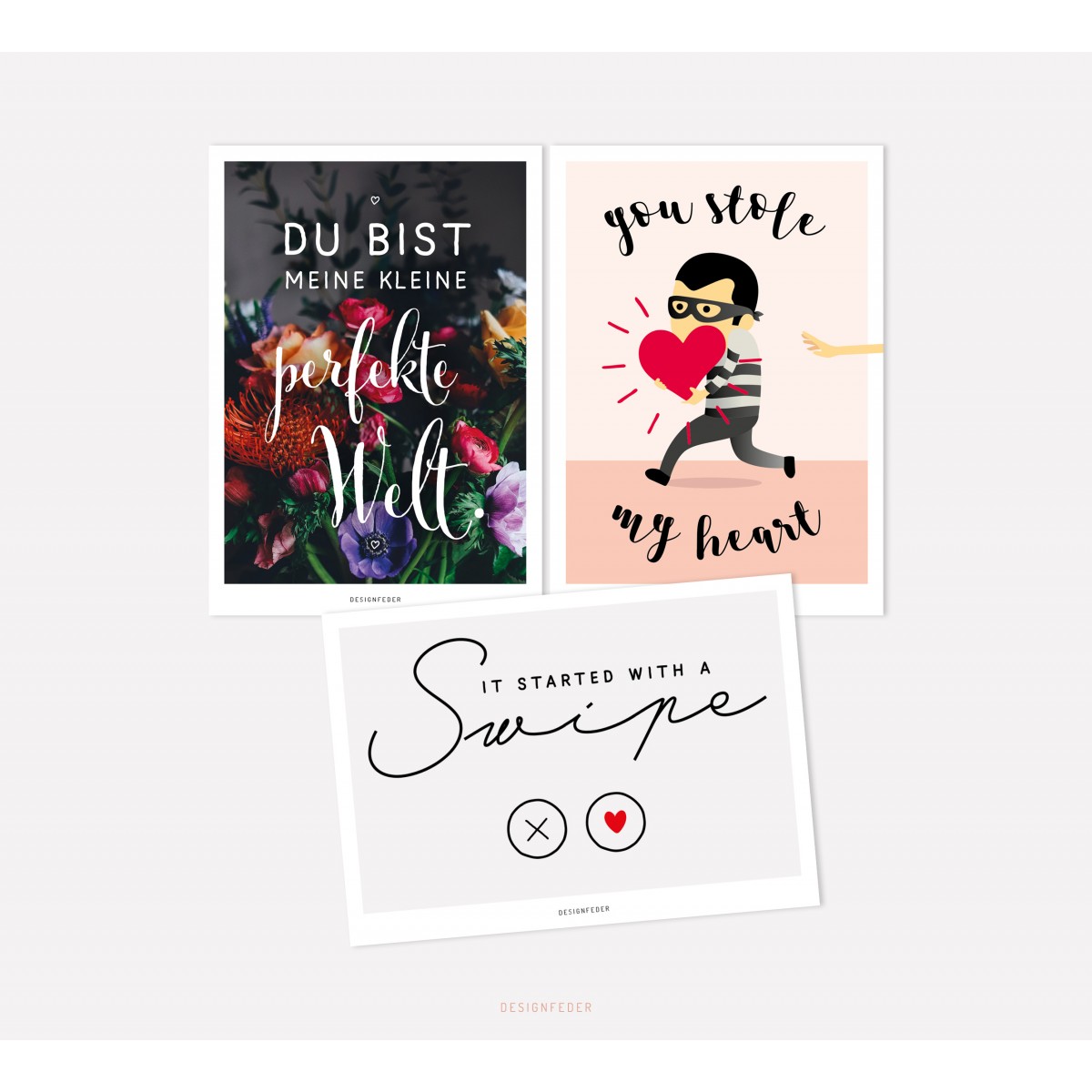 designfeder | Postkarten 3er Set – Perfekte Welt, you stole my heart und swipe