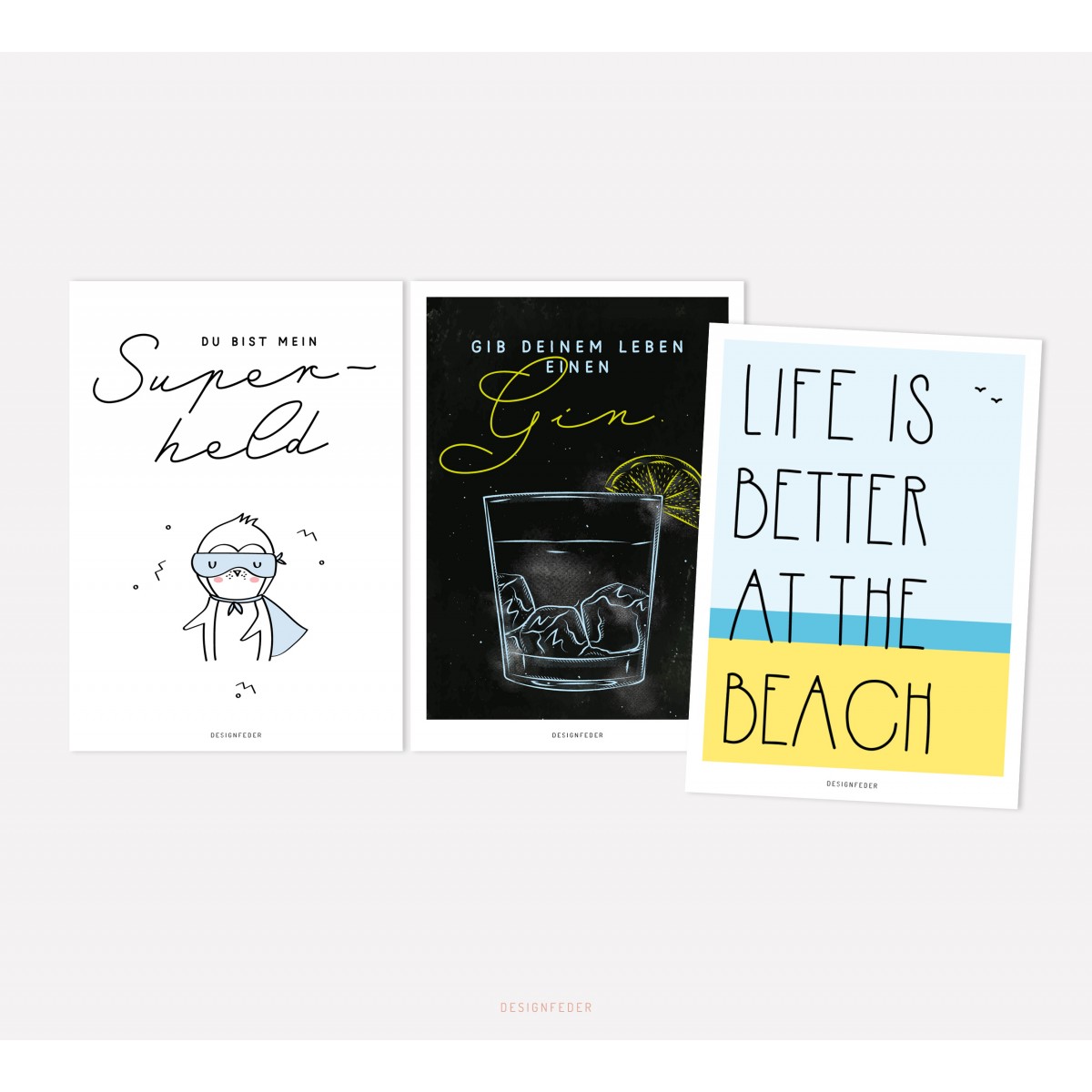 designfeder | Postkarten 3er Set – Superheld, Gin und Beach