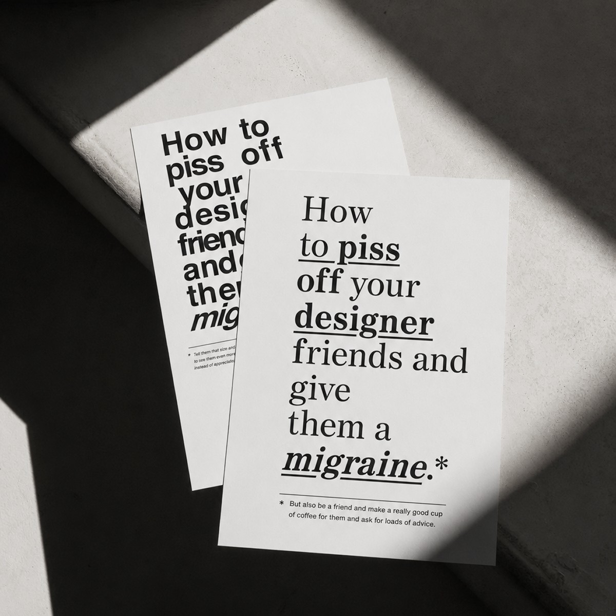 »How to piss off your designer friends and give them a migraine« Postkartenset, fünf Stück – The True Type