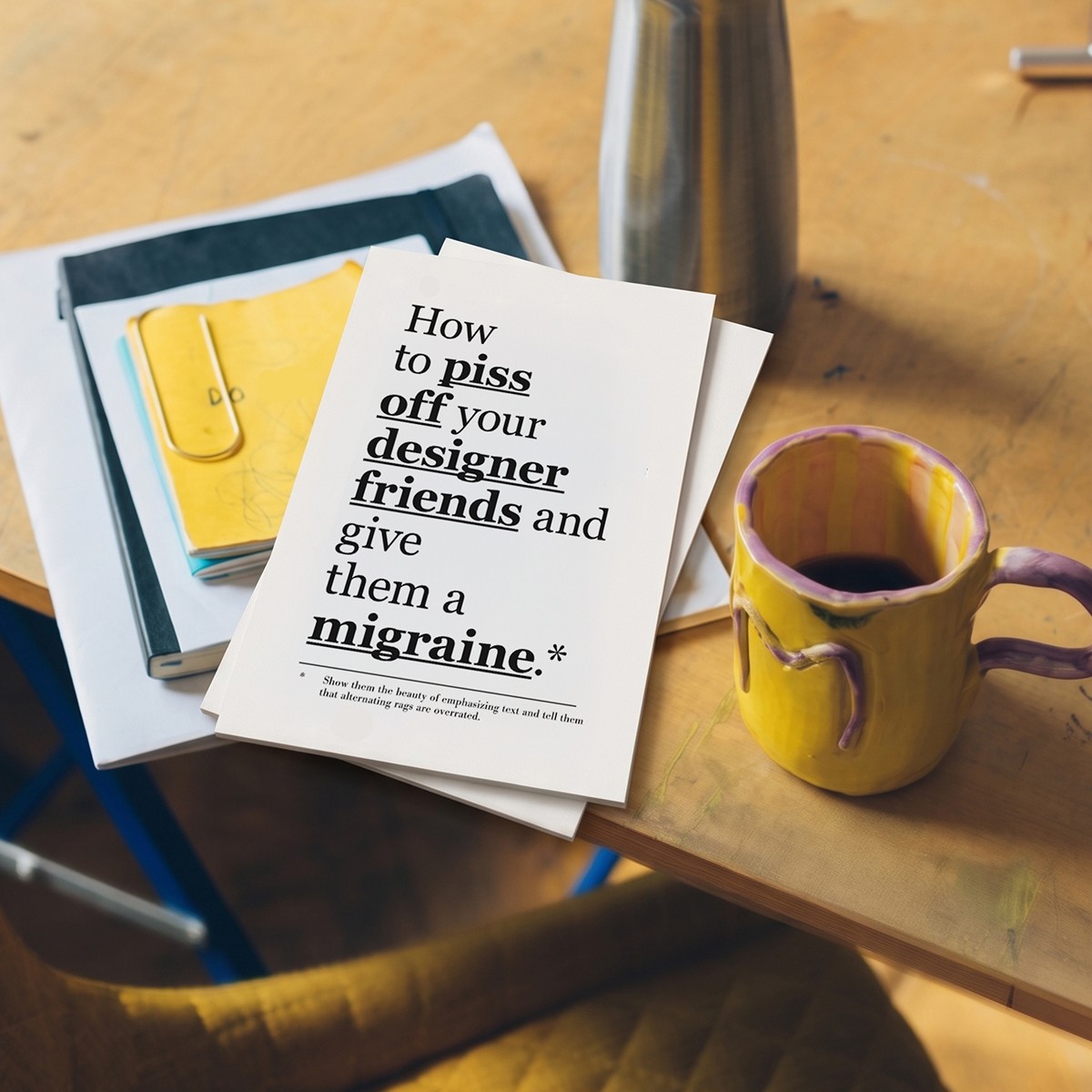 »How to piss off your designer friends and give them a migraine« Postkartenset, fünf Stück – The True Type