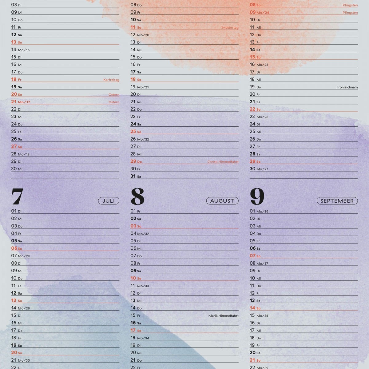 Wandkalender »Watercolor« 2025 — grey / fidu—fine paper goods