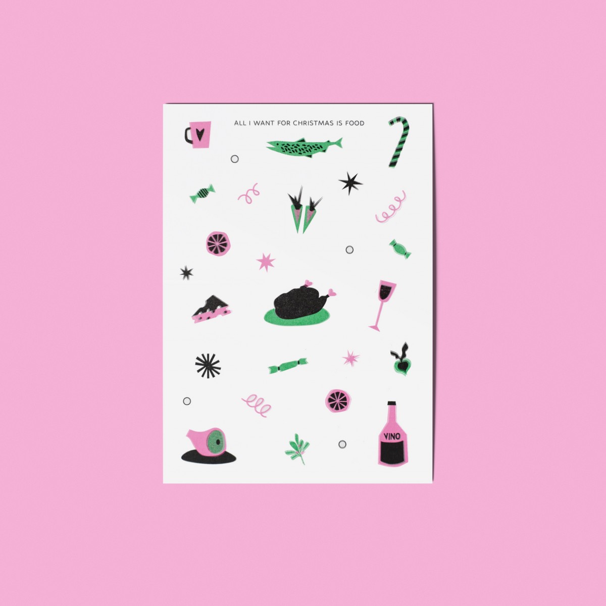Girls in Motion All i want for Christmas is food Riso Postkarte A6