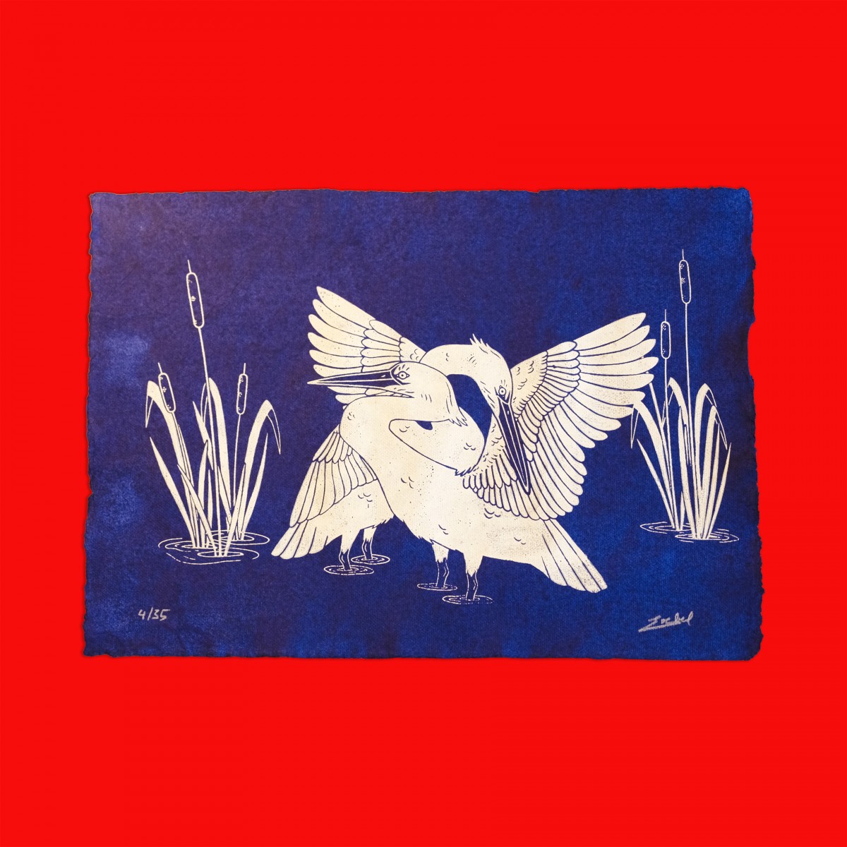 The Naughty District - handgefertigter Siebdruck  »Kraniche im Schilf«