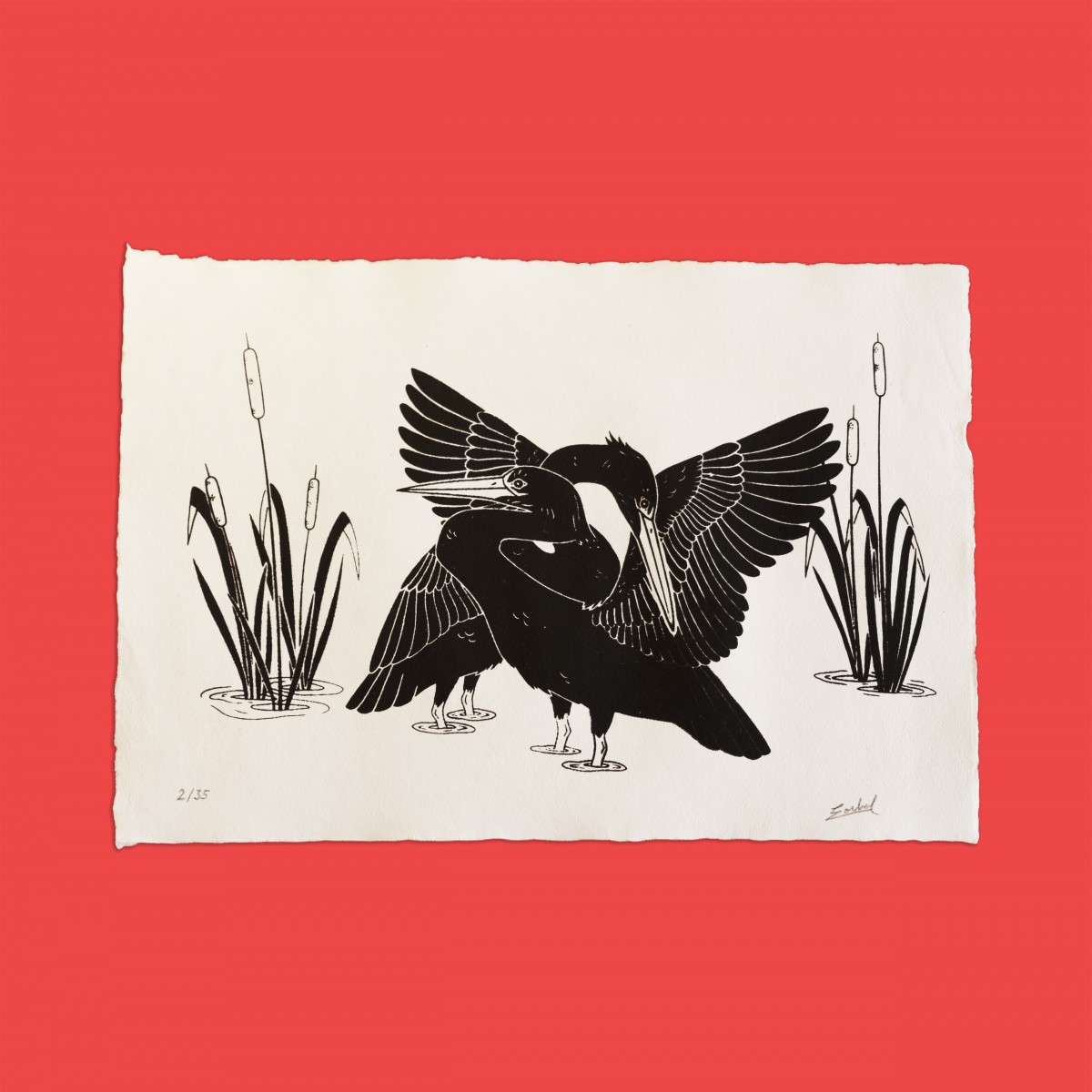 The Naughty District - handgefertigter Siebdruck  »Kraniche im Schilf« 