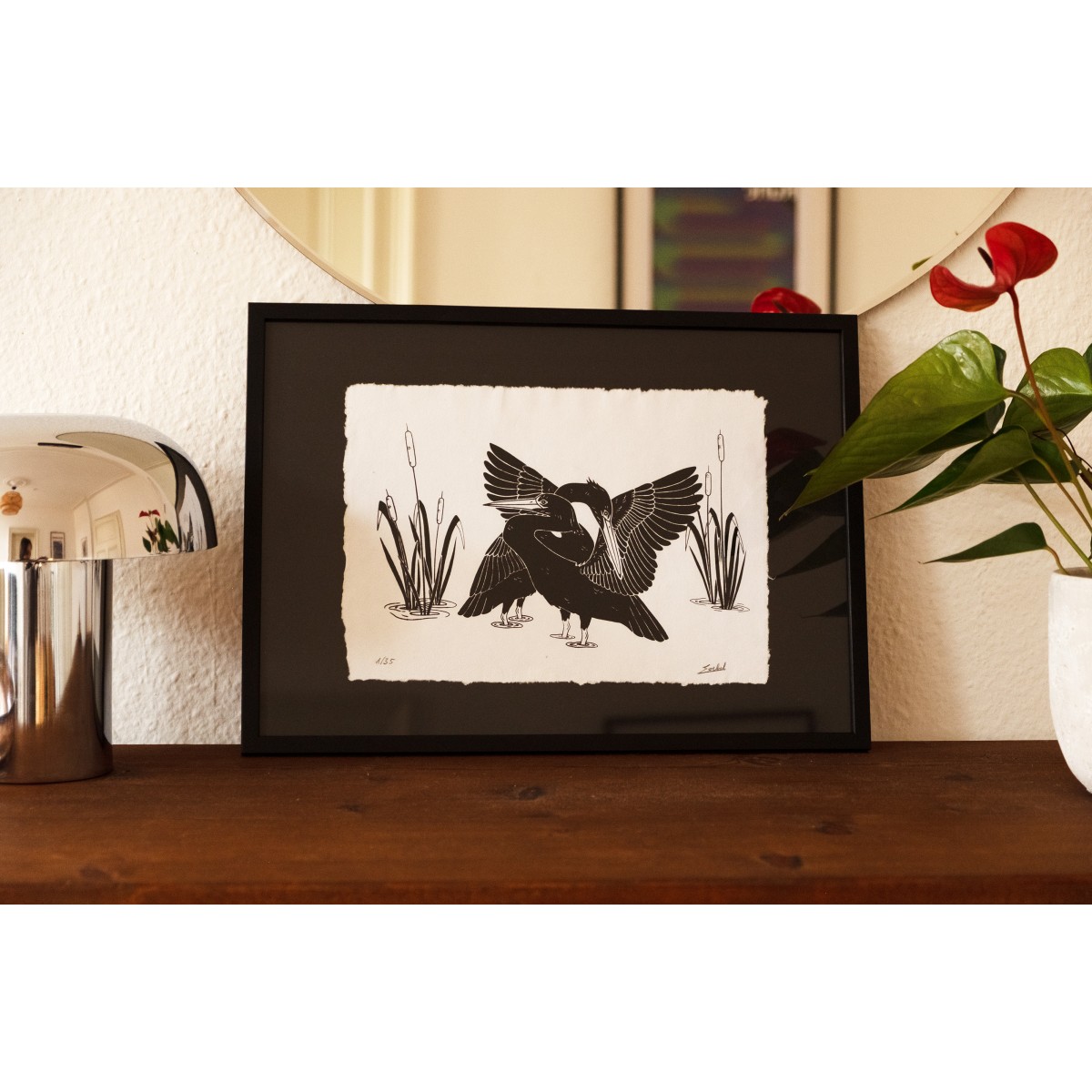 The Naughty District - handgefertigter Siebdruck  »Kraniche im Schilf« 