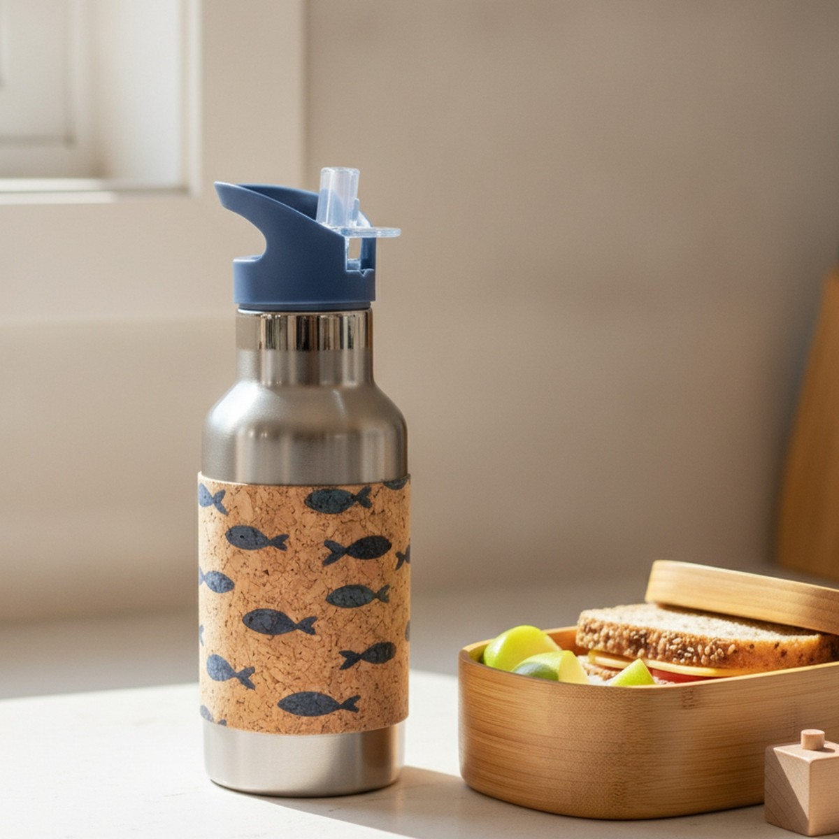 Edelstahl-Trinkflasche 350 ml mit Kork-Print – Salty Mind