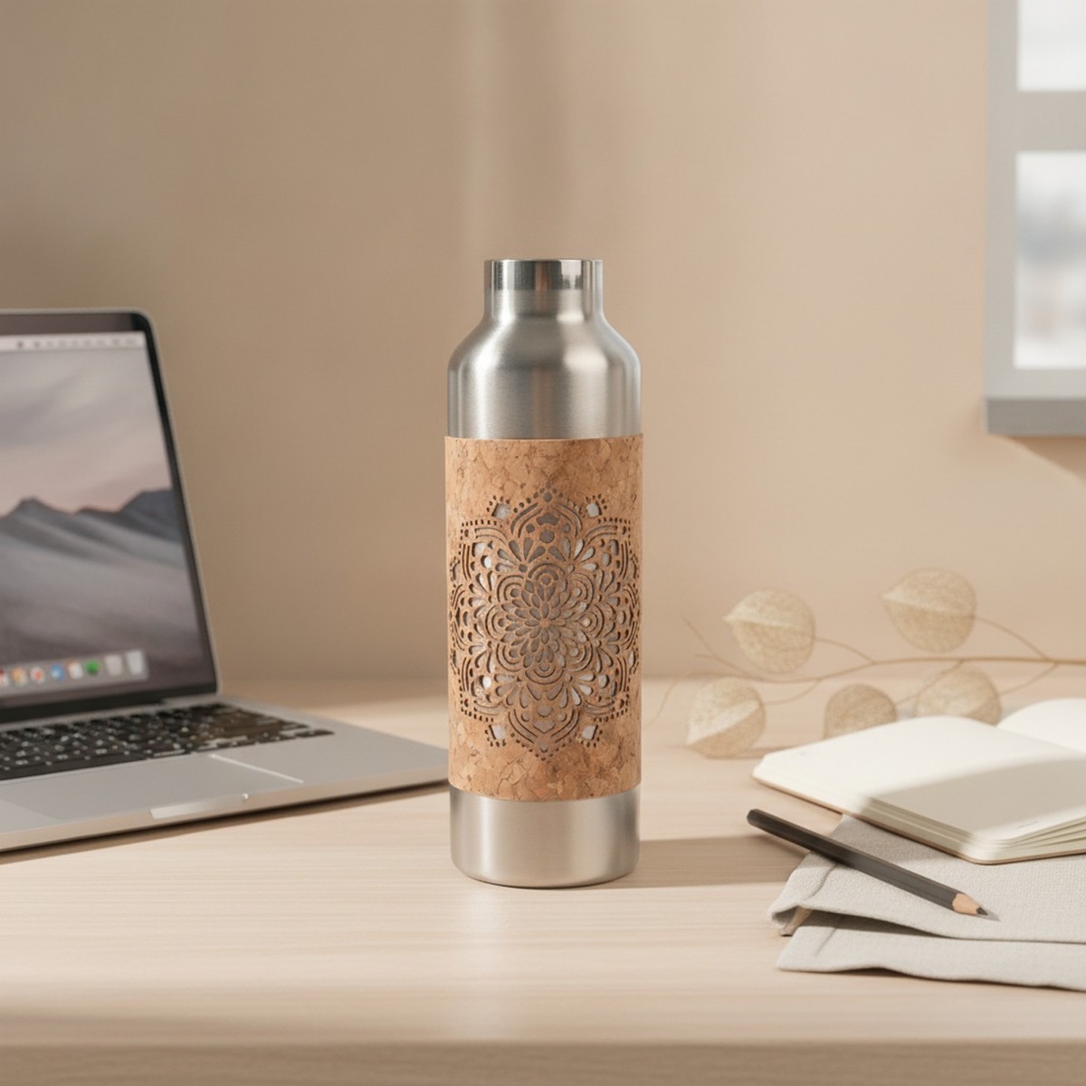 Edelstahl-Trinkflasche 750 ml mit Kork-Print
