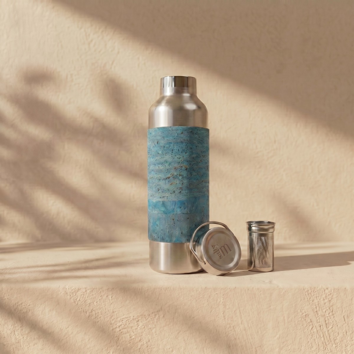Edelstahl-Trinkflasche 750 ml mit Korksleeve und Teesieb