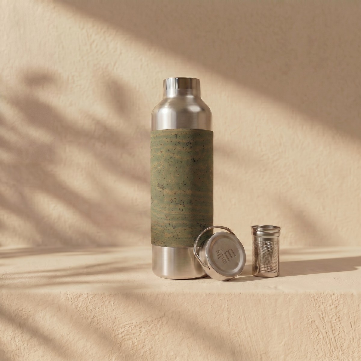 Edelstahl-Trinkflasche 750 ml mit Korksleeve und Teesieb