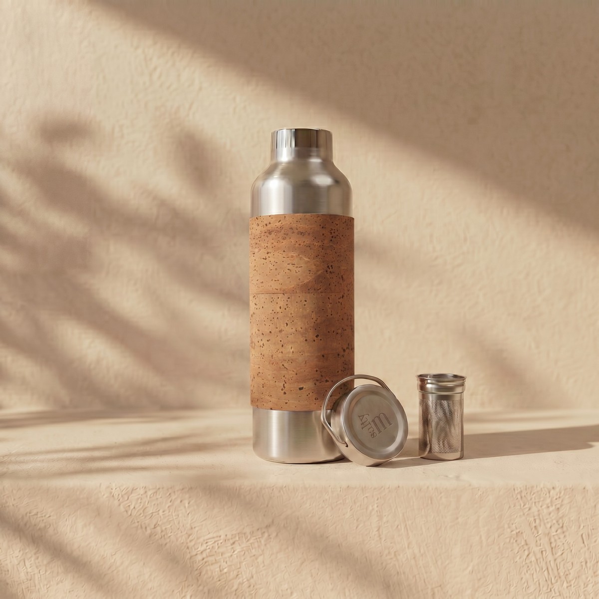 Edelstahl-Trinkflasche 750 ml mit Korksleeve und Teesieb