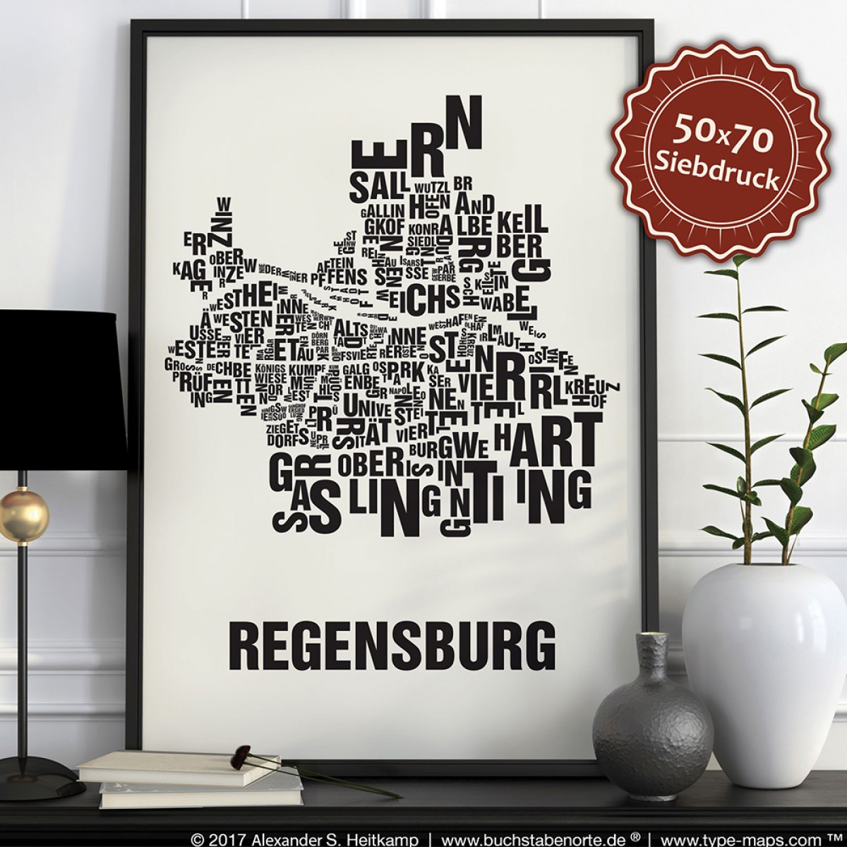 Buchstabenort Regensburg Stadtteile-Poster Typografie Siebdruck