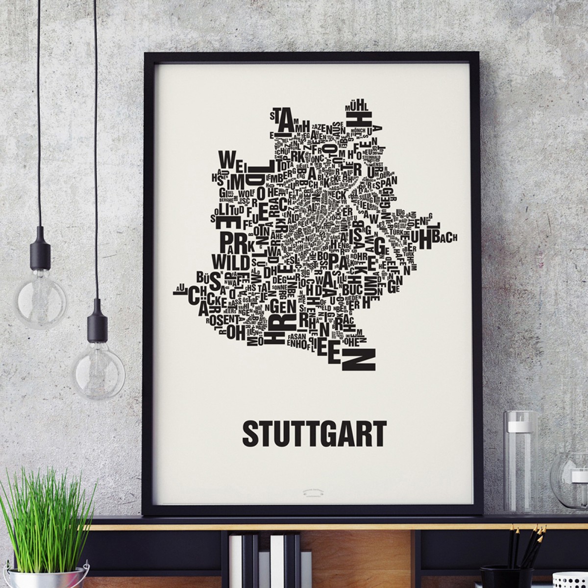 Buchstabenort Stuttgart Stadtteile-Poster Typografie Siebdruck