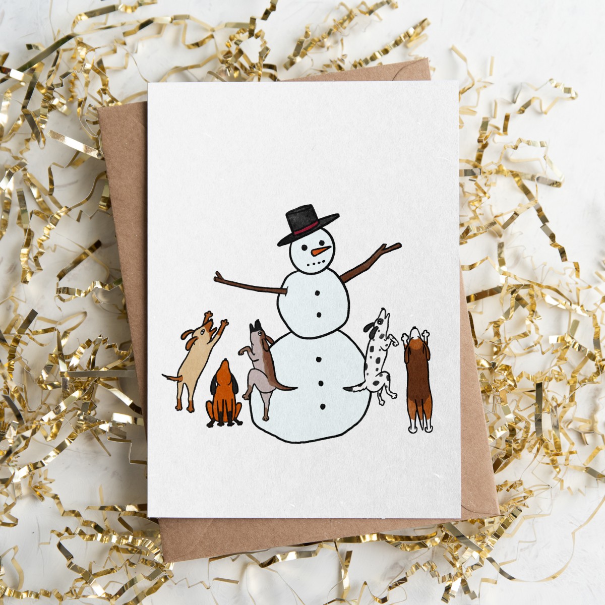 The Naughty District -  Weihnachtskarte »Hunde entdecken den Schneemann«