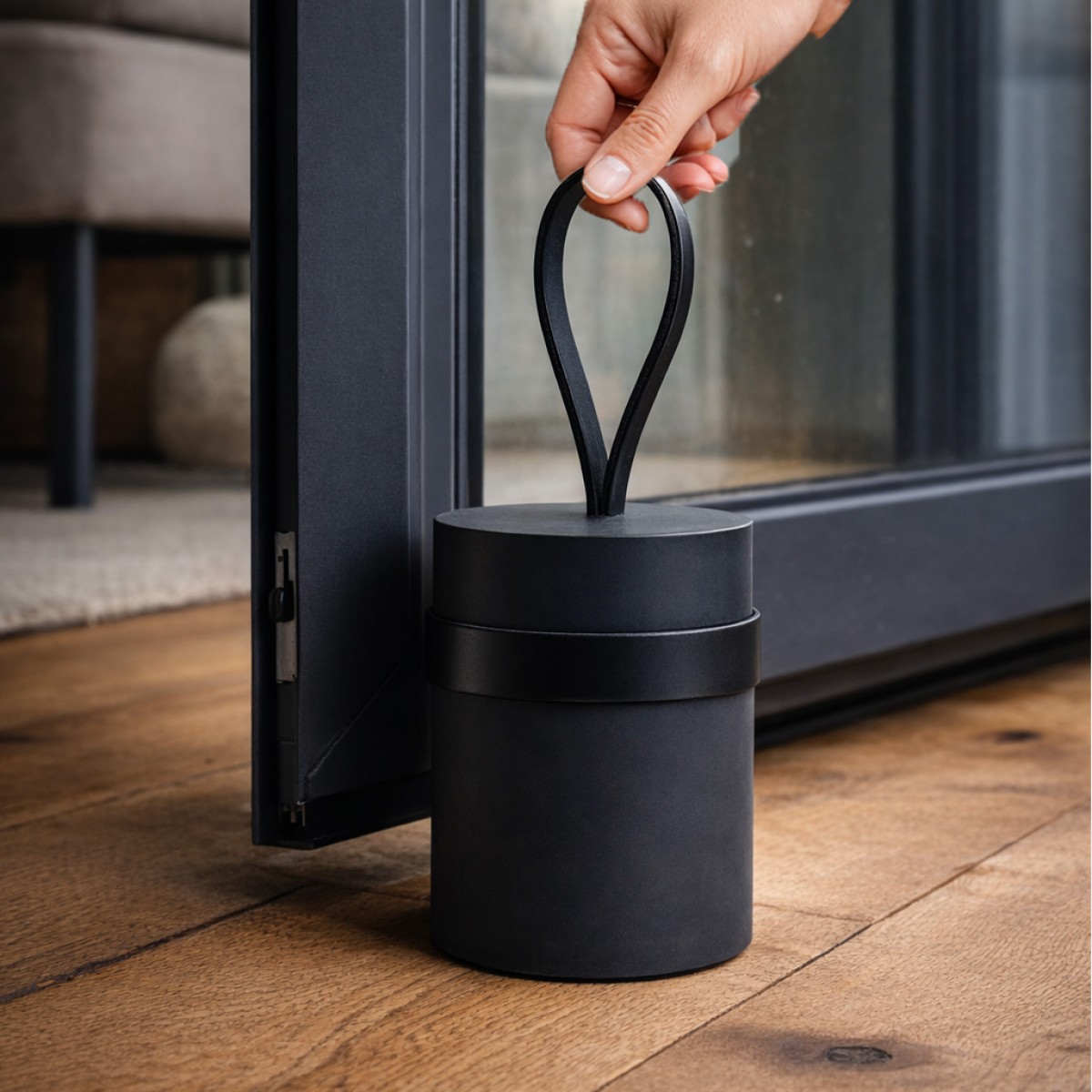 Türstopper aus Beton mit langer Lederschlaufe von Grellroth Design