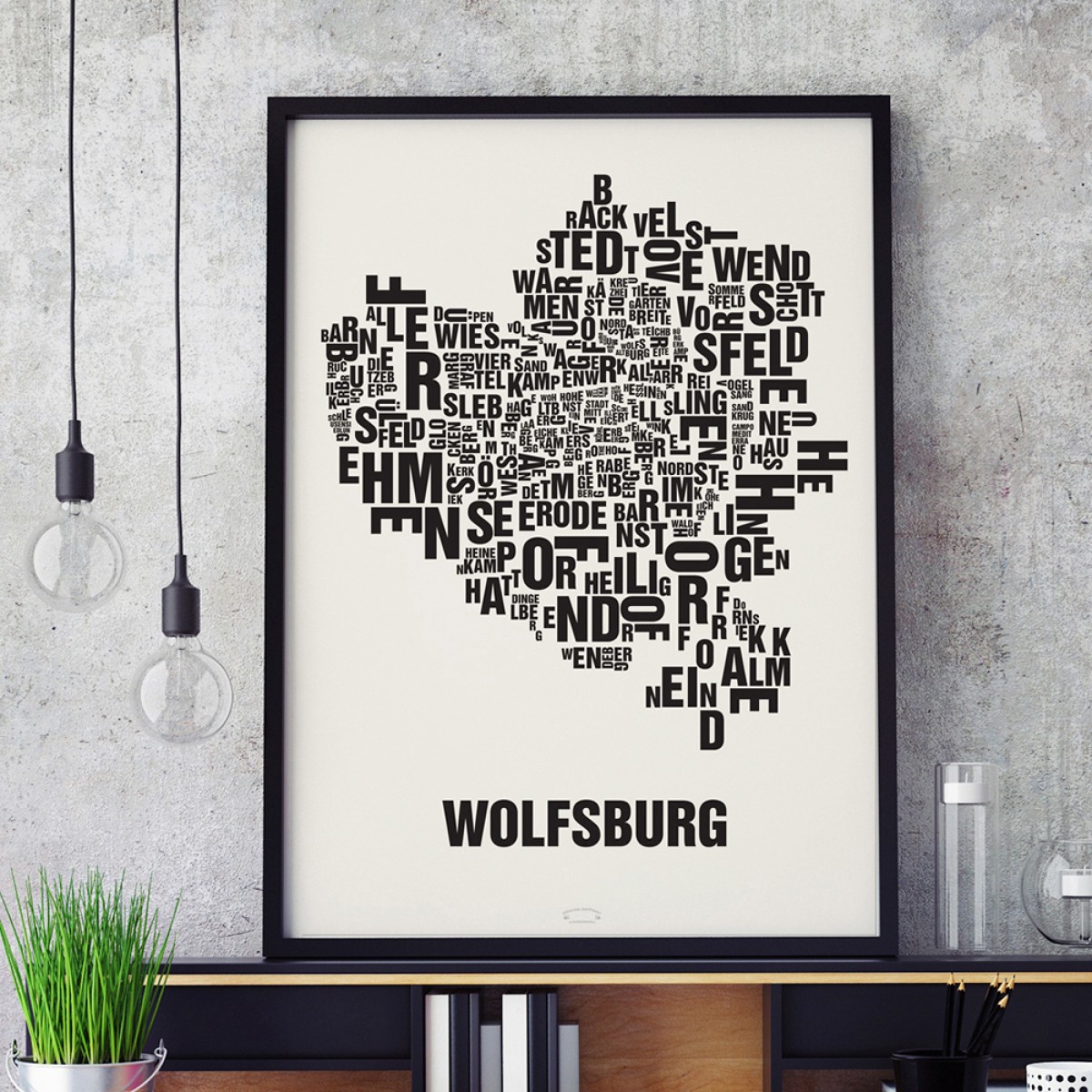 Buchstabenort Wolfsburg Stadtteile-Poster Typografie Siebdruck