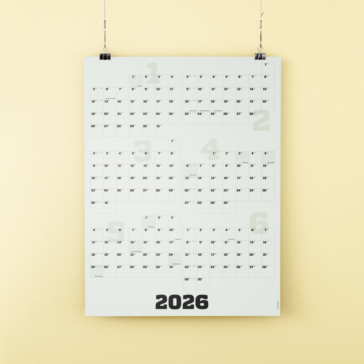 2-teiliger Wandkalender 2026, hoch oder quer, A1, mit passenden Klebezetteln // sperlingB.design