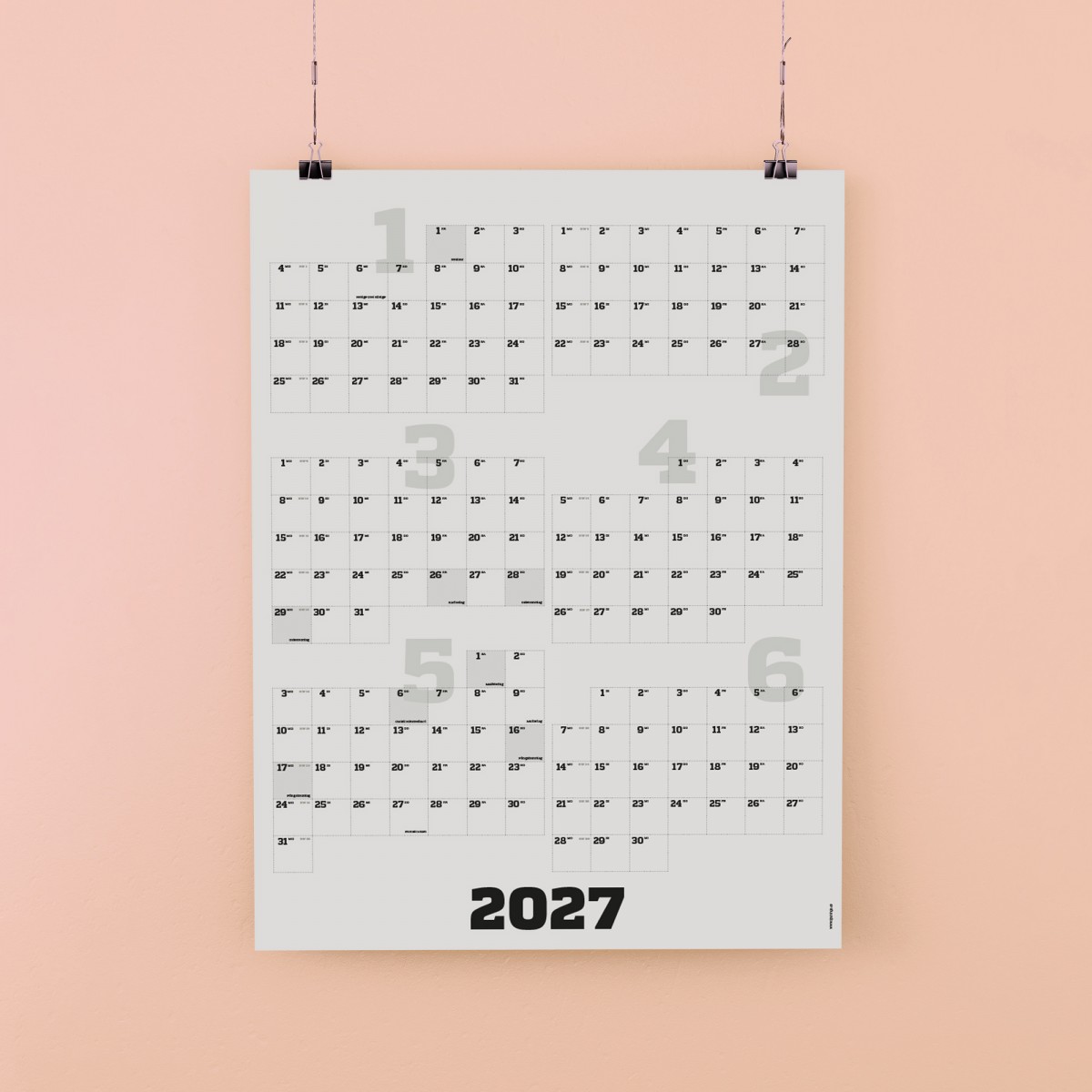 2-teiliger Wandkalender 2027, hoch oder quer, A1, mit passenden Klebezetteln // sperlingB.design